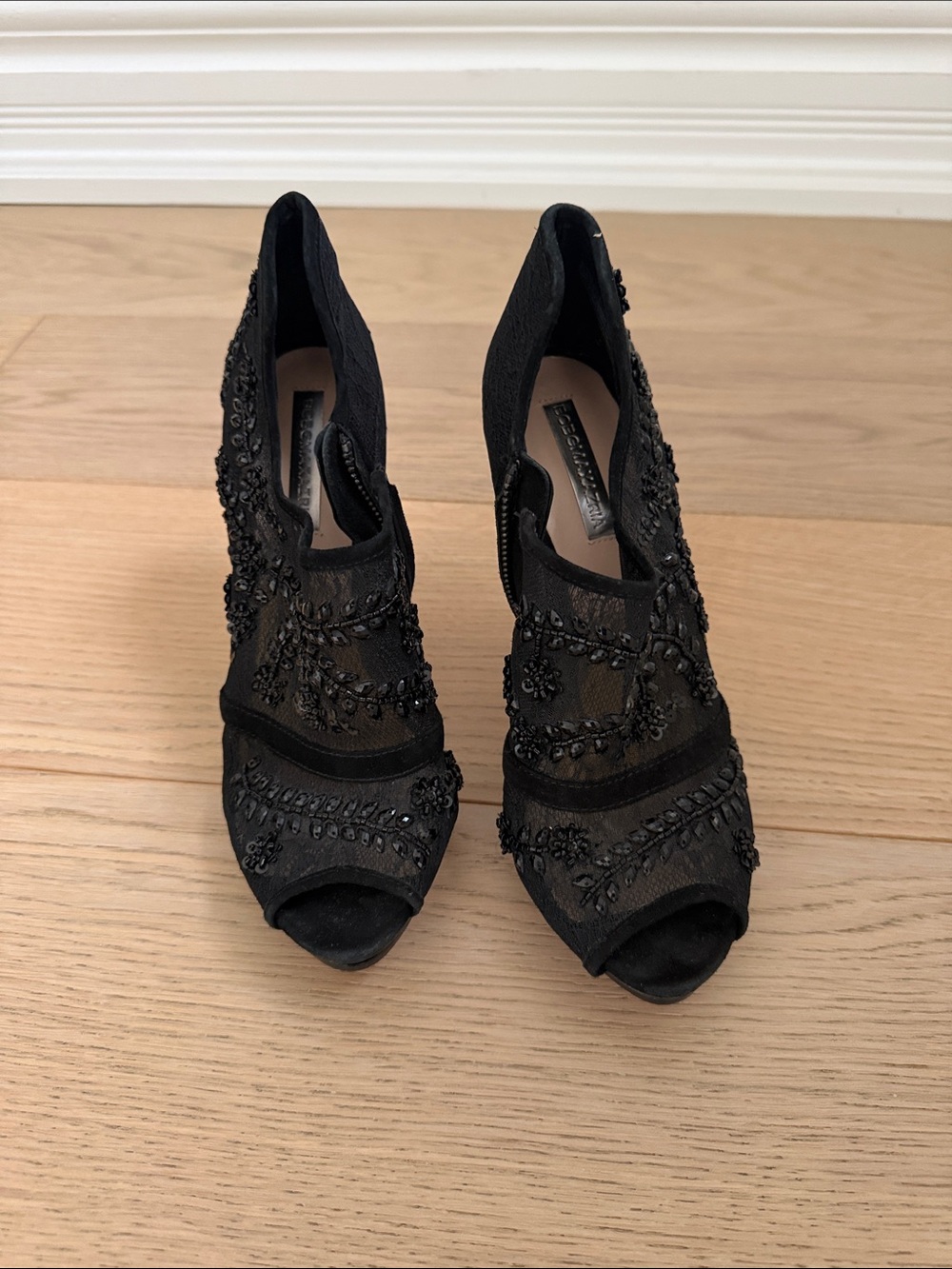 BCBGMaxAzria Black Beaded Peep-Toe Heels